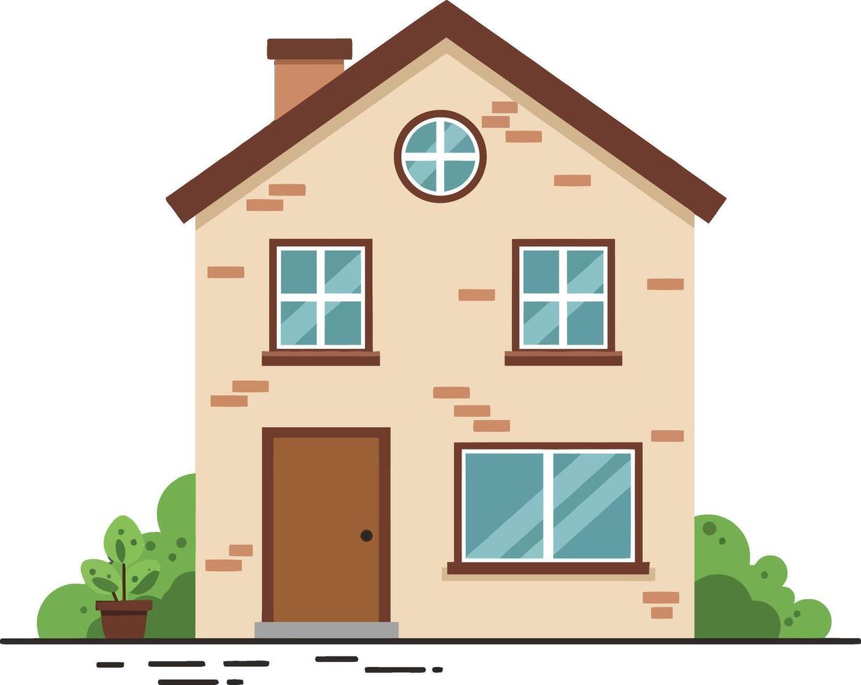 Charming two-story house with brown roof and decorative windows in flat design style showcasing a welcoming atmosphere in art vector
