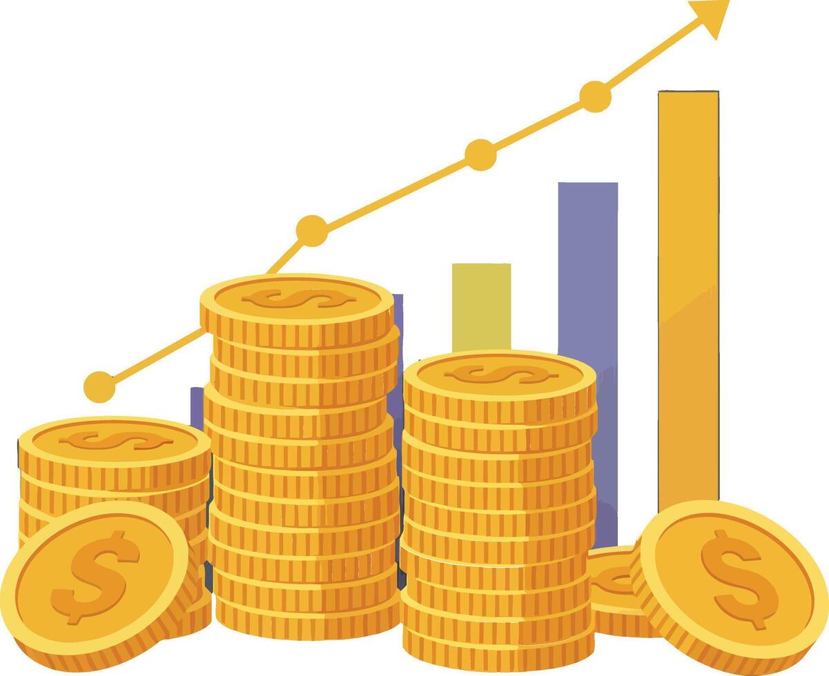 Stacks of gold coins and a rising bar graph showcasing financial growth in a flat design illustration vector