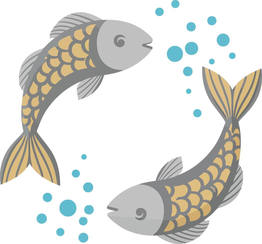 Two stylized koi fish swimming gracefully in a circular motion with bubbles, designed in a minimal flat illustration vector