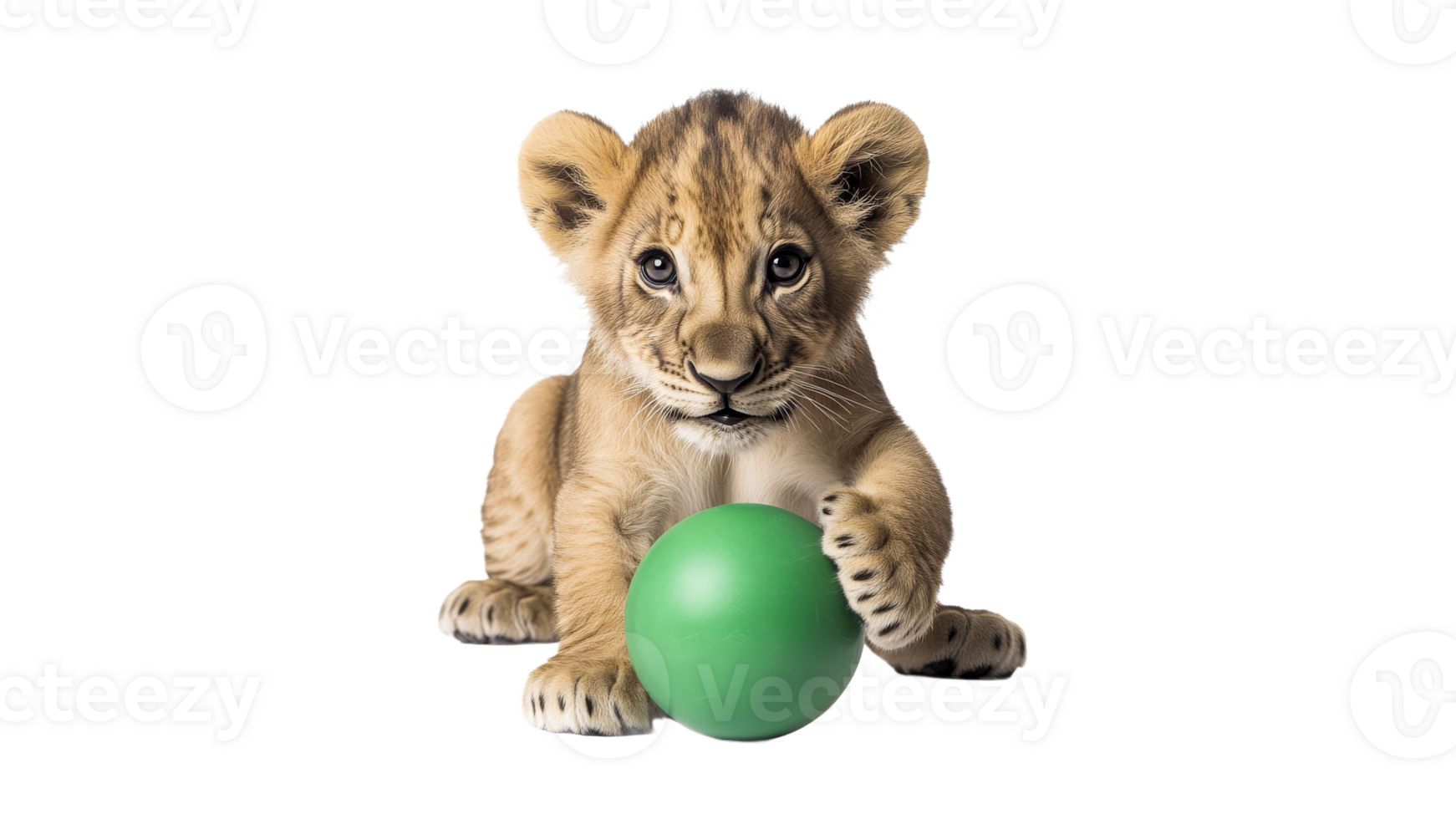 Cute lion cub plays with a green ball indoors png