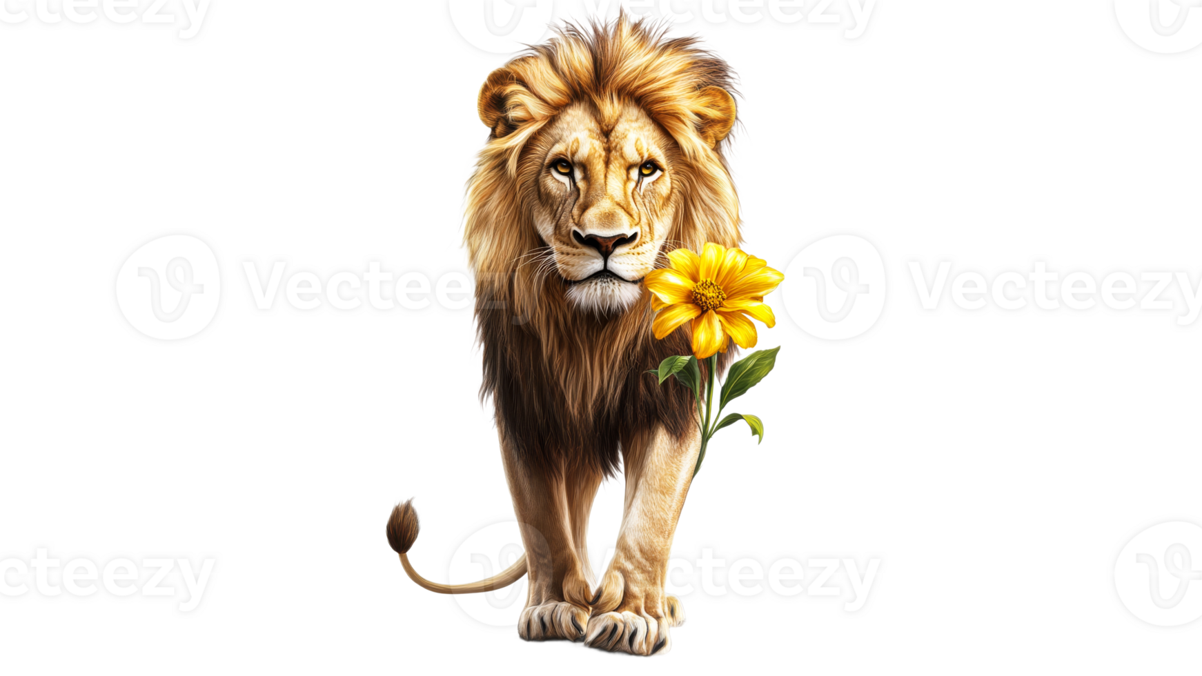 Lion holding a flower in a serene setting png
