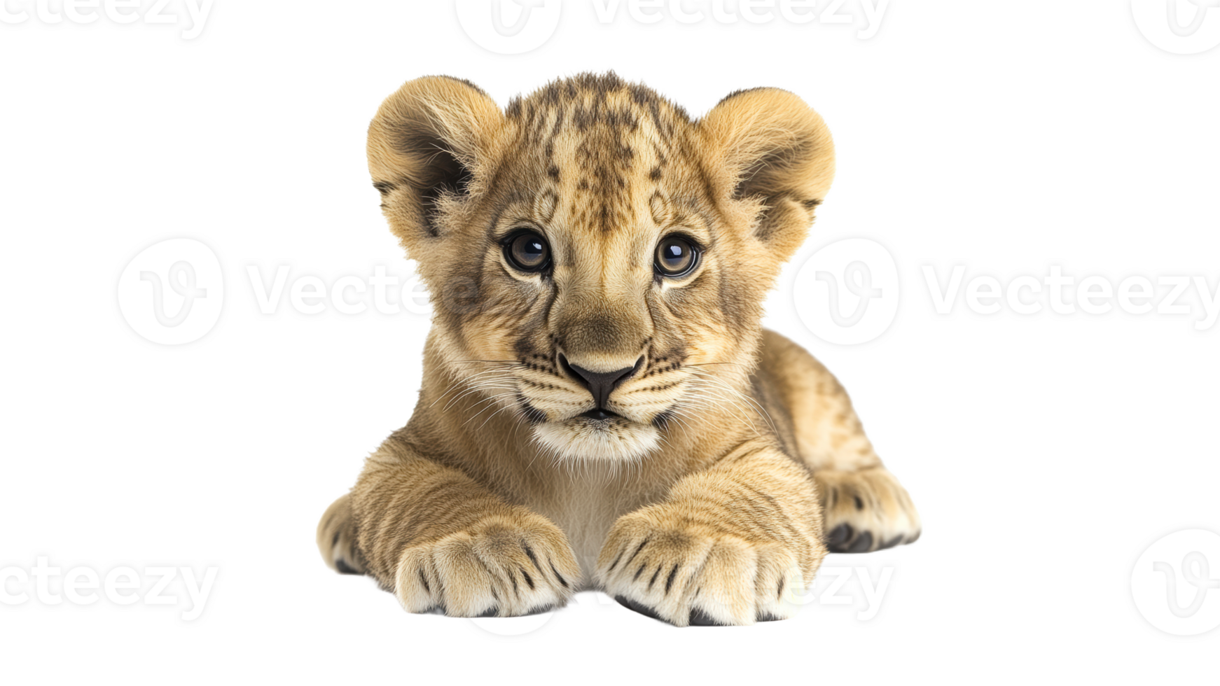 Young lion cub resting quietly on a surface png