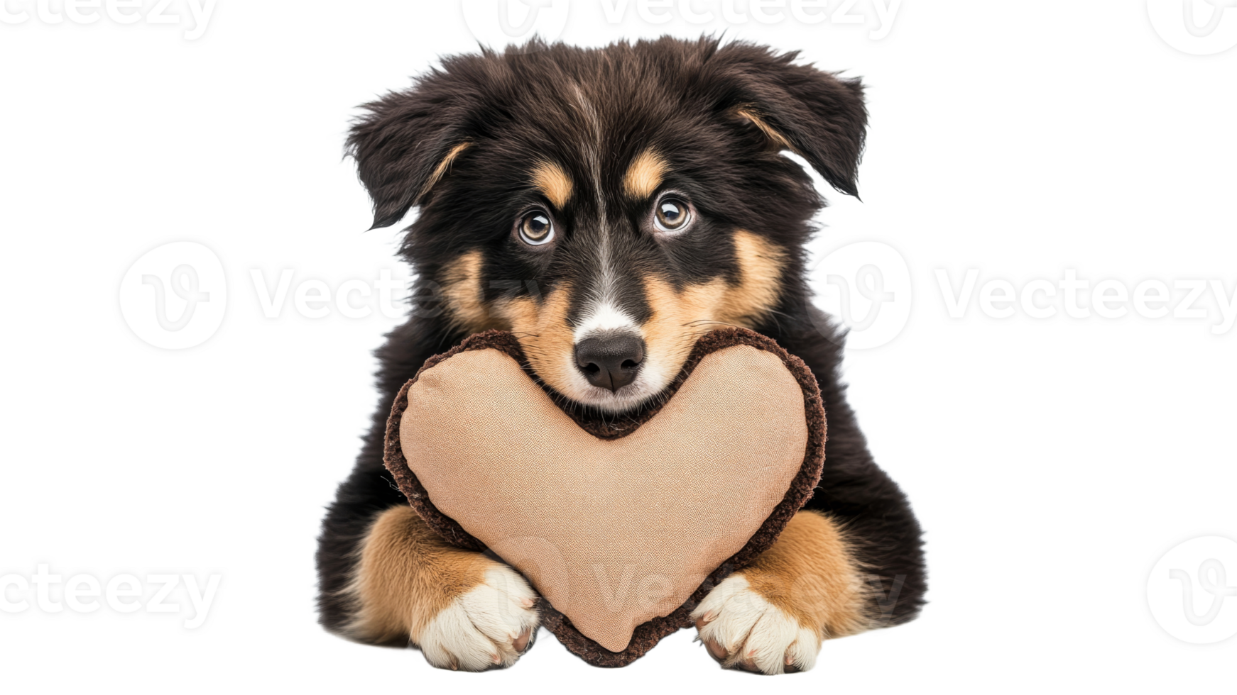 Cute puppy holding a heart shaped toy indoors png