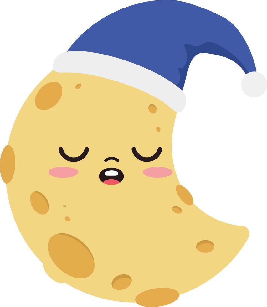 Cute smiling moon character wearing a blue hat with white pom-pom, flat design art vector