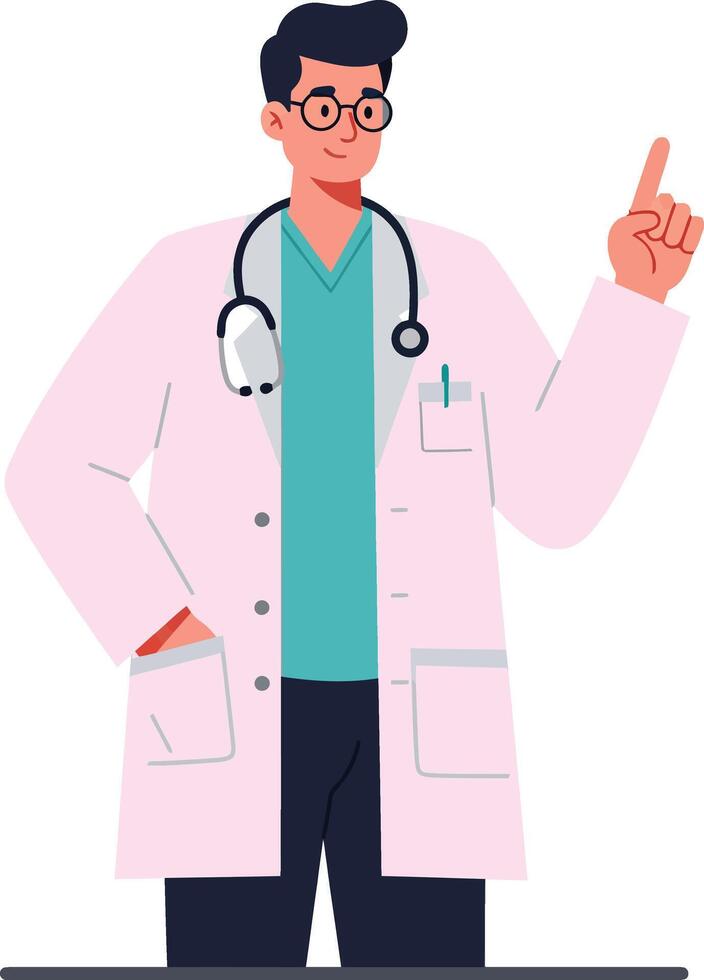 Doctor in a white lab coat with stethoscope pointing upwards in a flat illustration showcasing professionalism and medical expertise vector