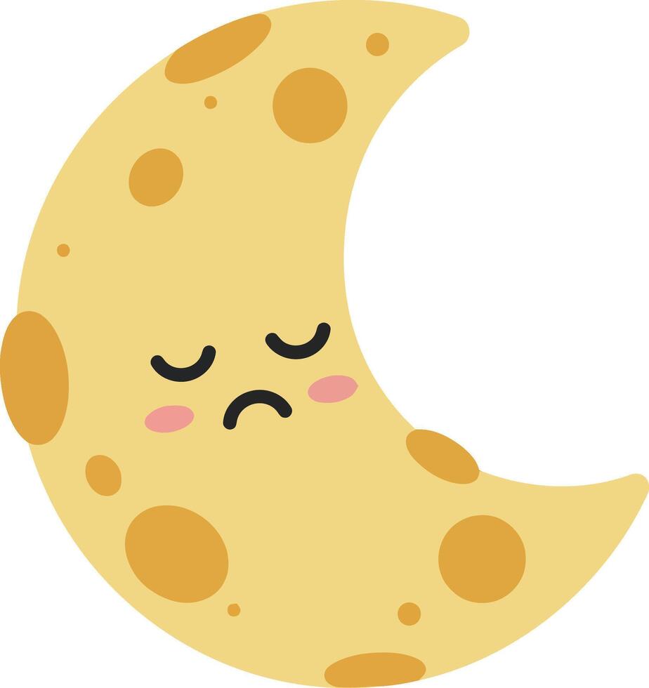 Cute cartoon moon with a sad expression, featuring a flat design style, showcasing playful colors and a whimsical atmosphere, perfect for illustration vector