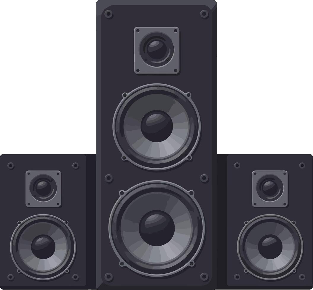 Three black audio speakers arranged in a dynamic layout showcasing detailed design elements in flat art vector