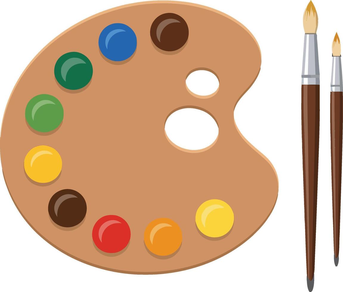 Artistic paint palette with vibrant colors and two brushes in a flat design illustration vector