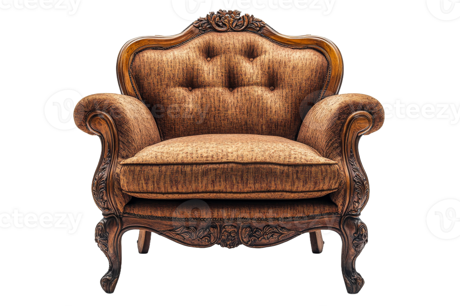 Vintage armchair with ornate wood detailing png