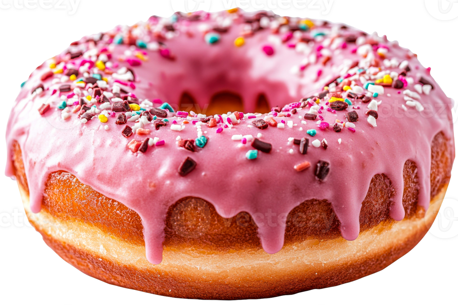 Sweet pink frosted donut with colorful sprinkles png