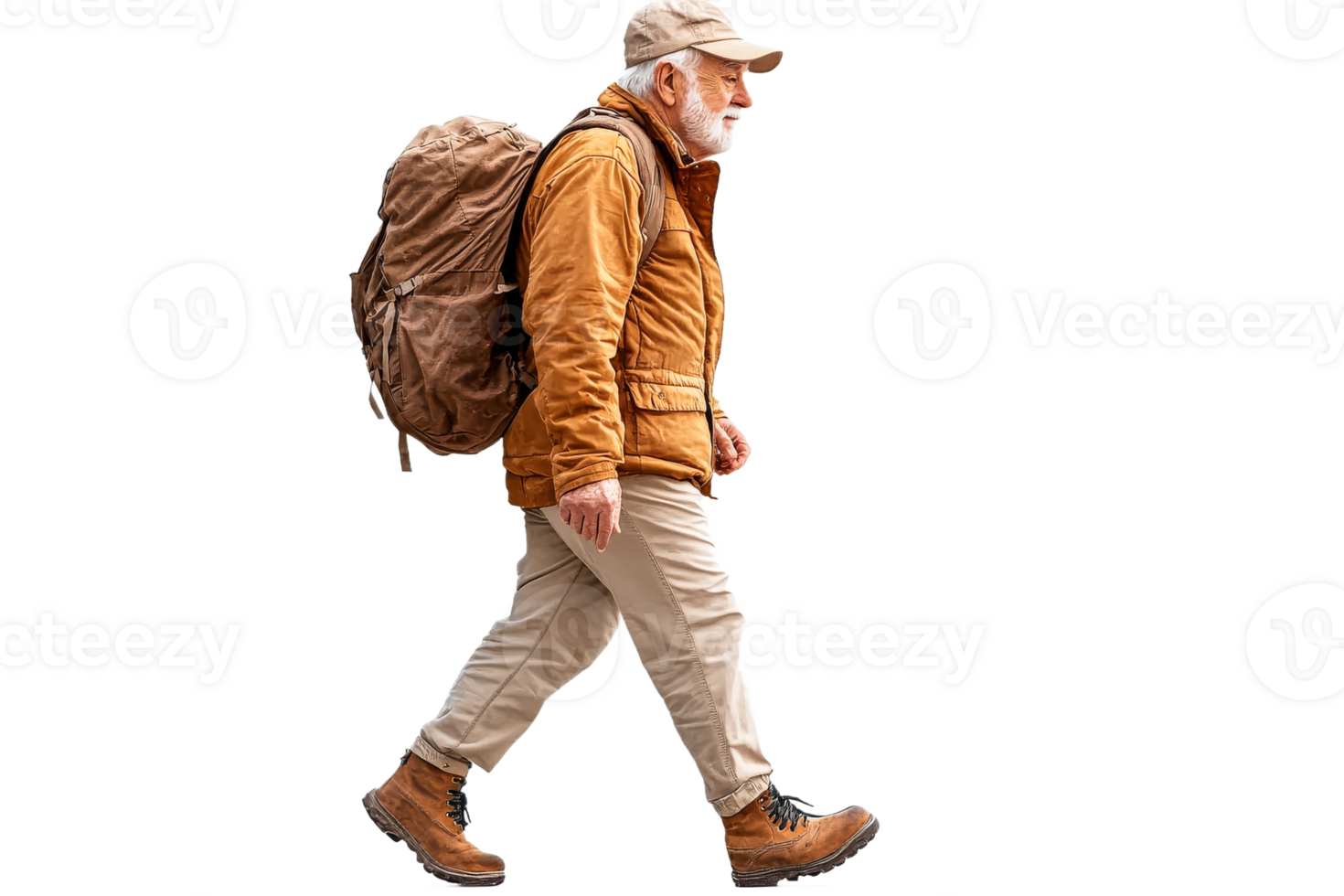 Elderly man hiking with backpack on a trail png