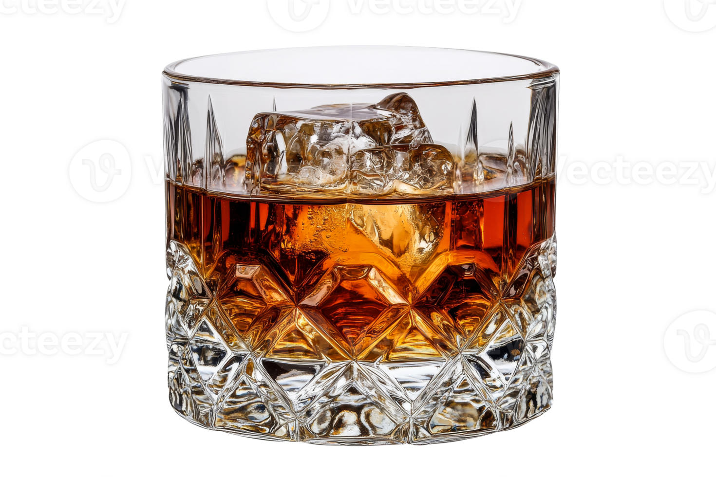 Whiskey served on the rocks in a crystal glass png