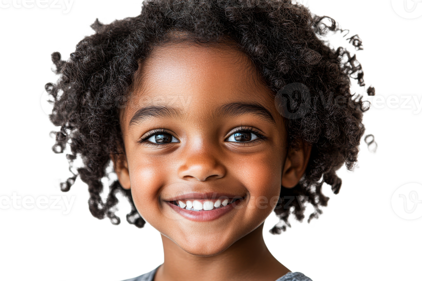Smiling child with curly hair in bright light png
