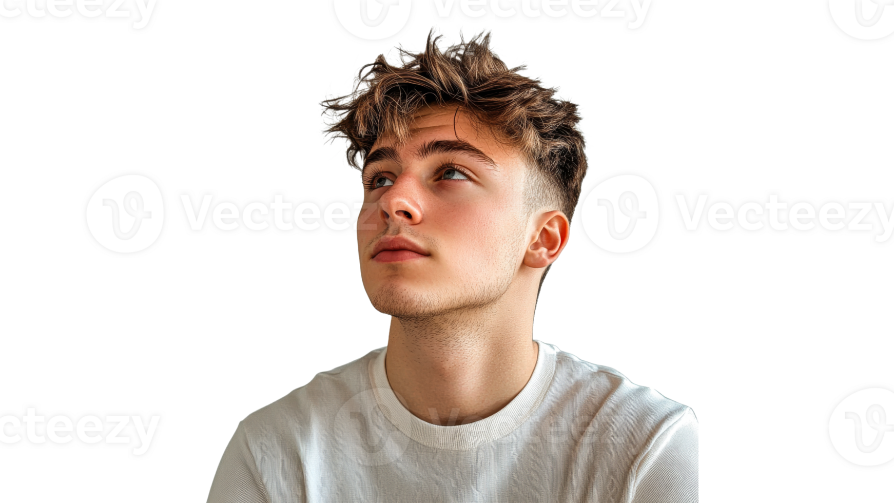 Young man with thoughtful expression looking up png