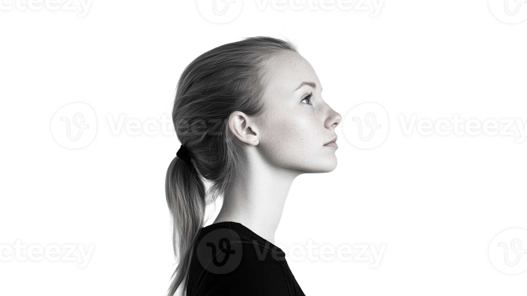 Woman with ponytail gazing thoughtfully png