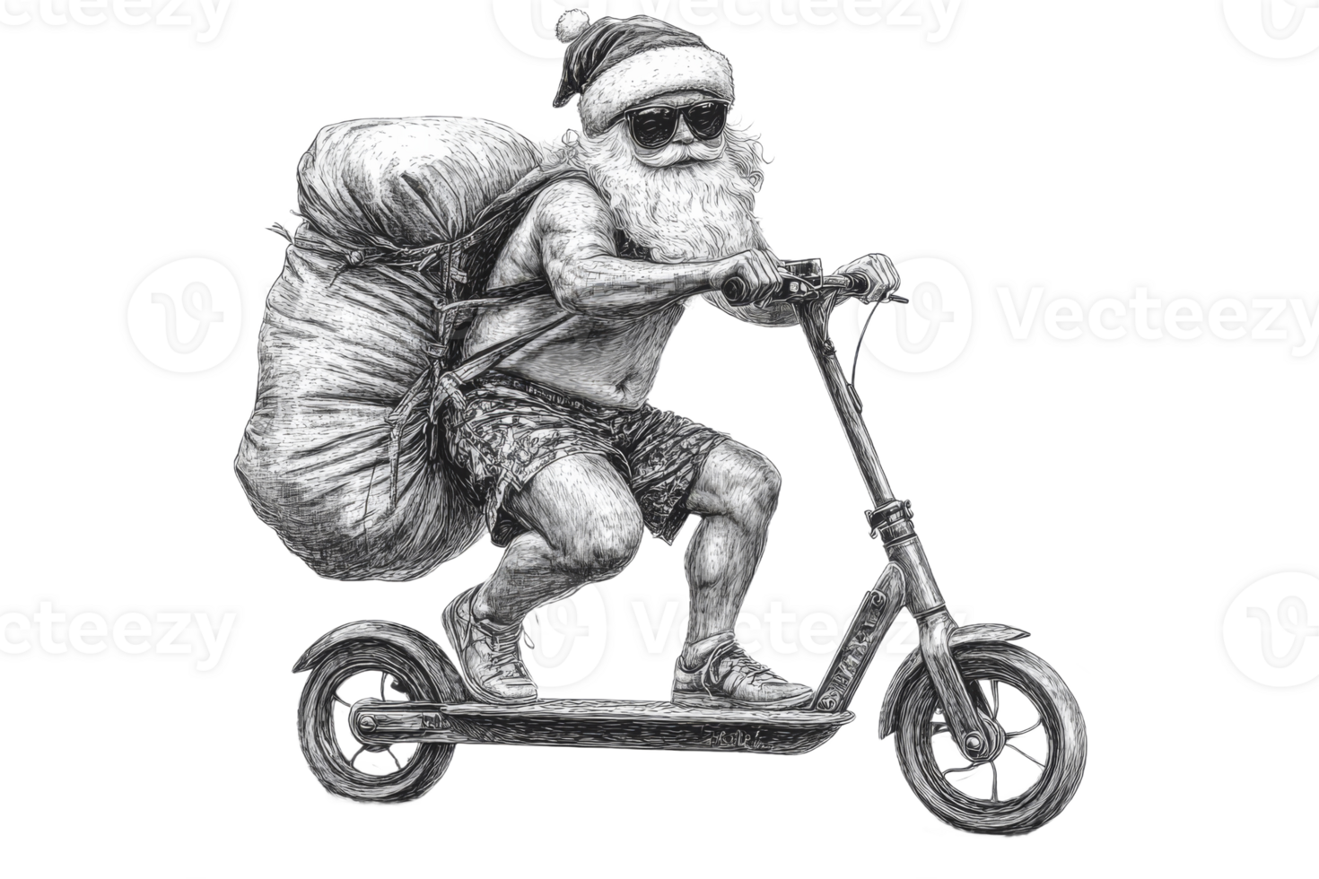 Santa on a scooter delivering gifts in summer png