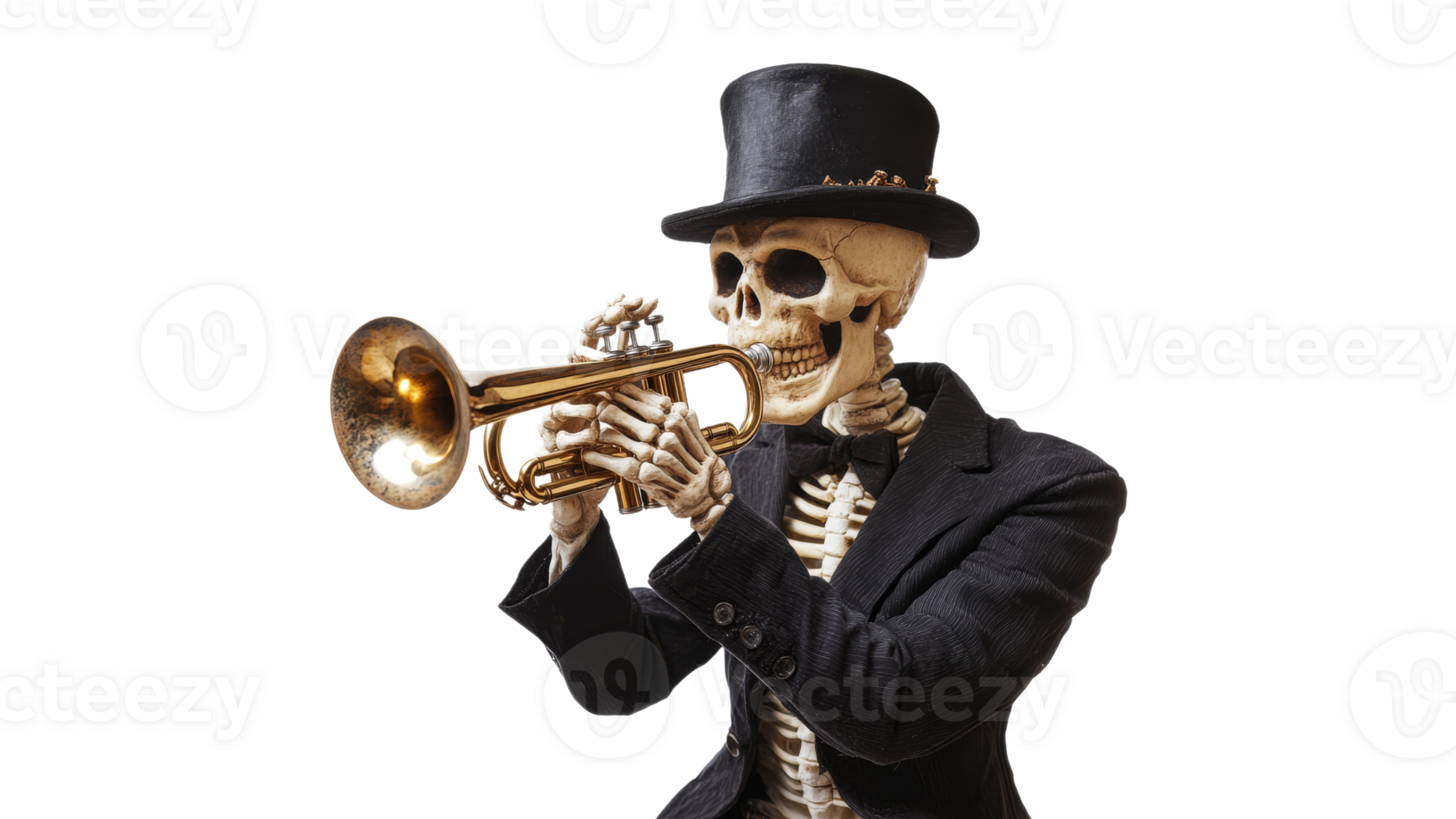 Skeleton playing trumpet in formal attire at event png