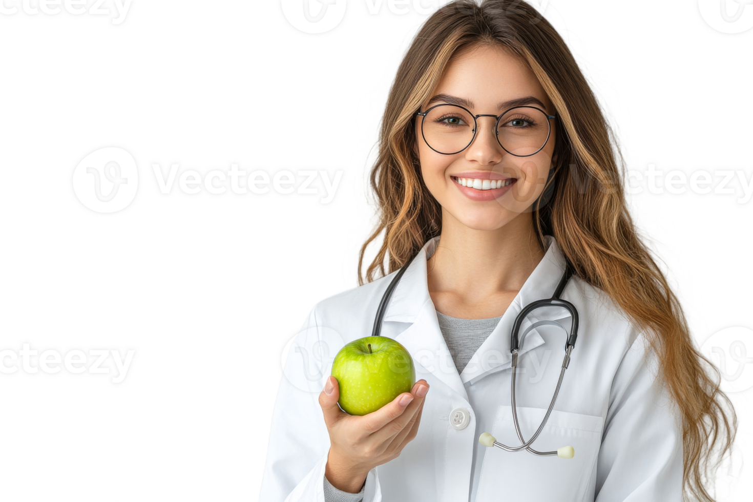 Health professional smiling with a green apple png