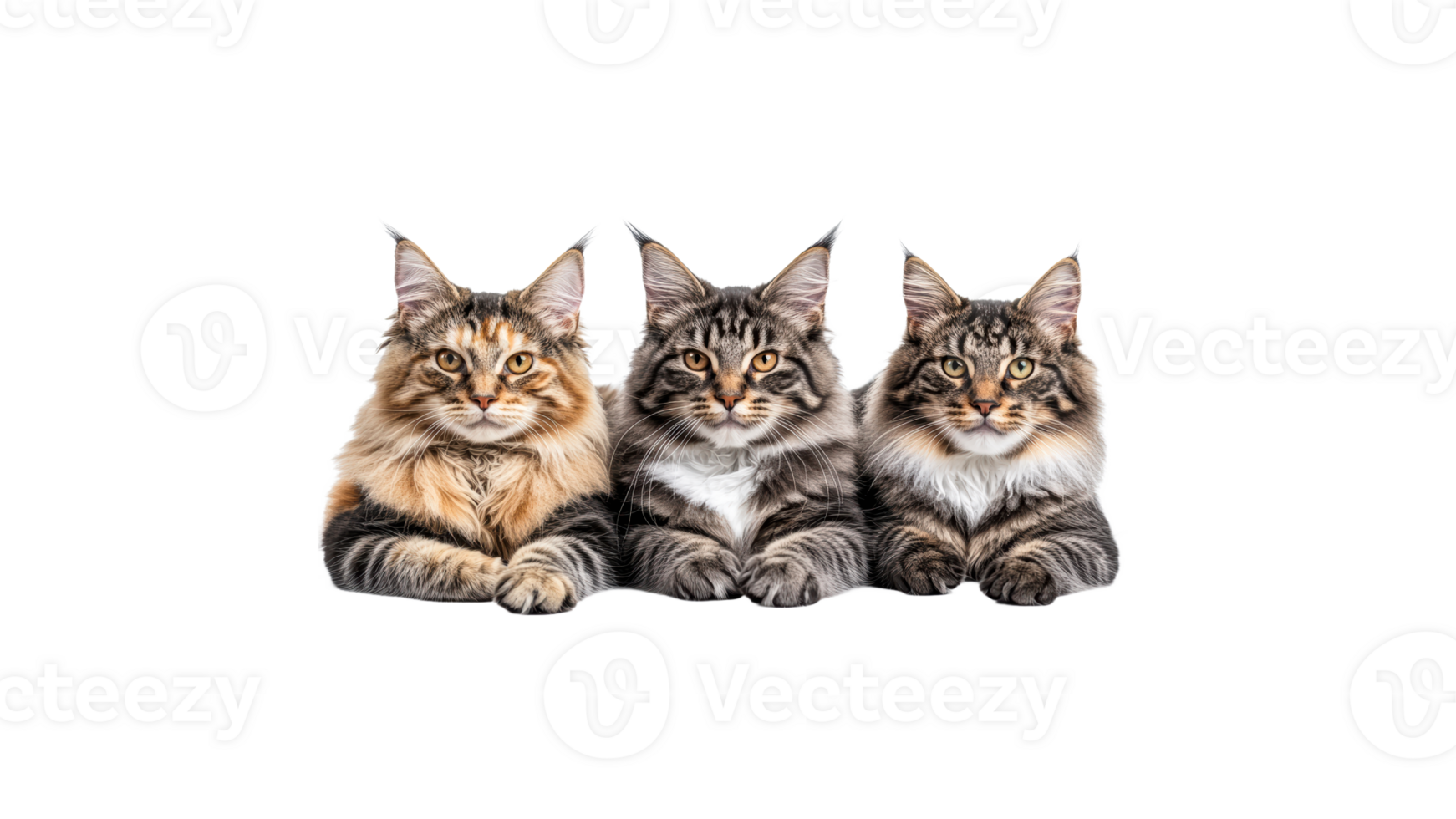 Three Maine Coons resting on white png