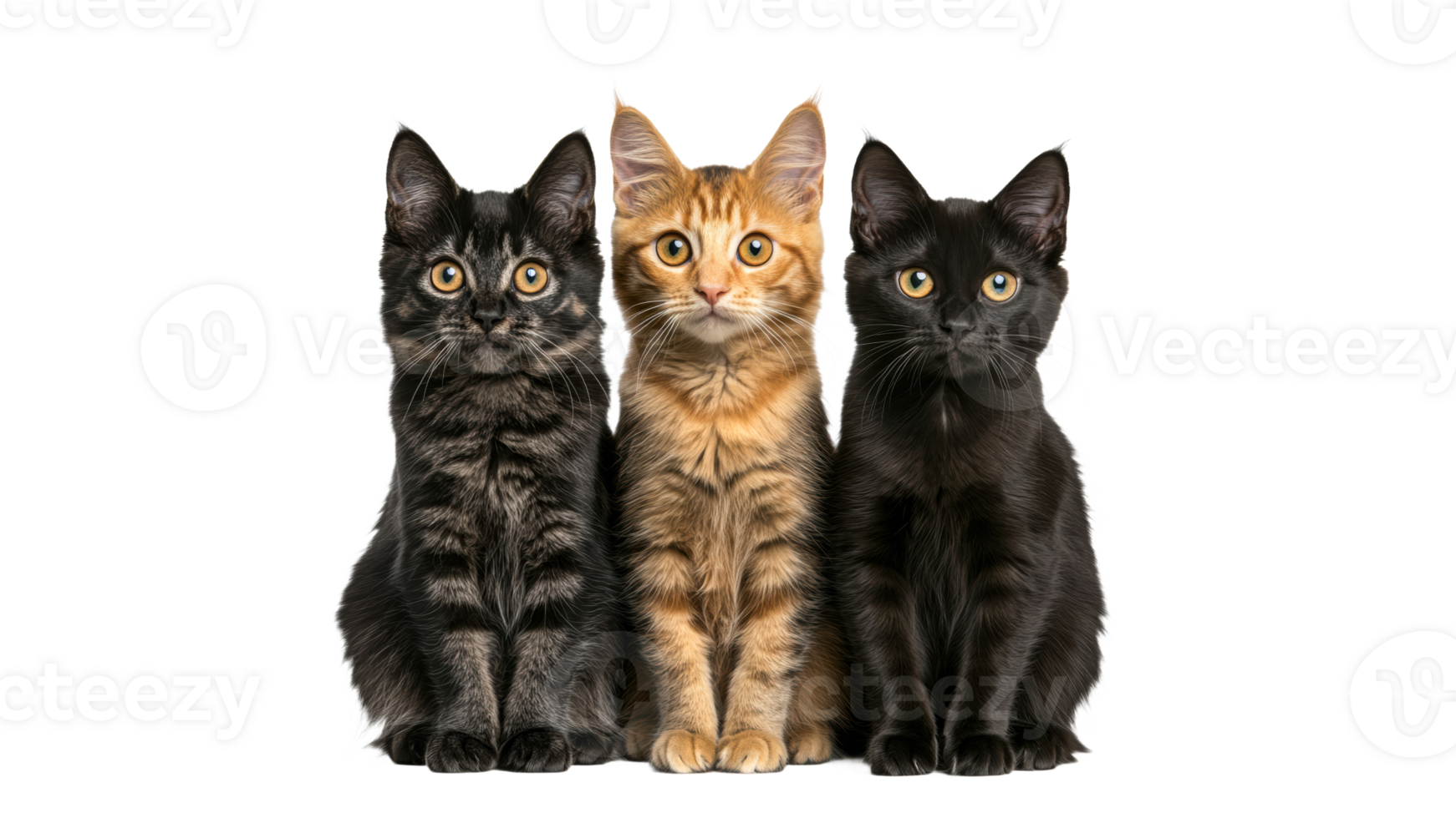 Three adorable kittens posing together in studio png