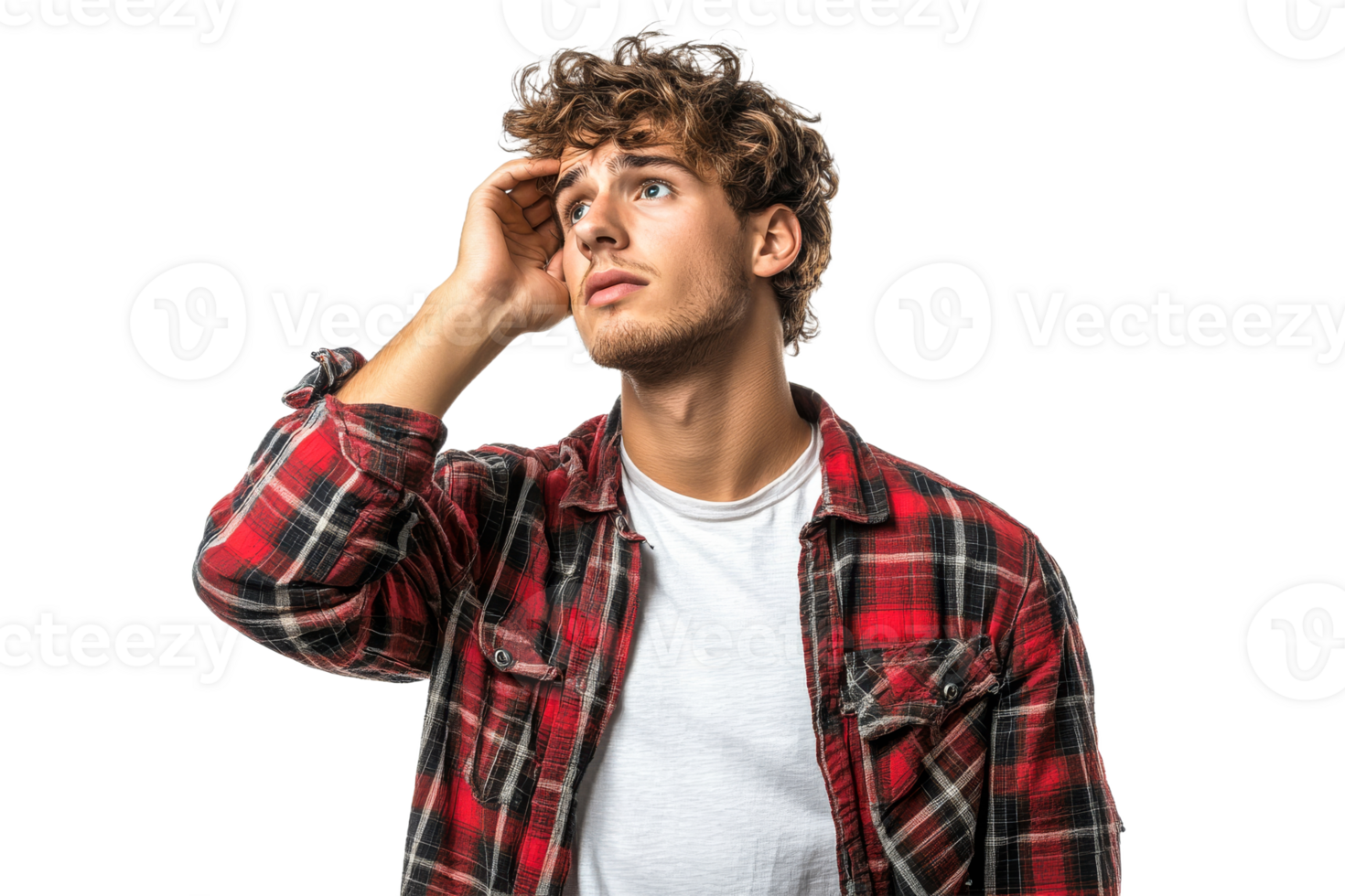 Young man expressing confusion in casual attire png