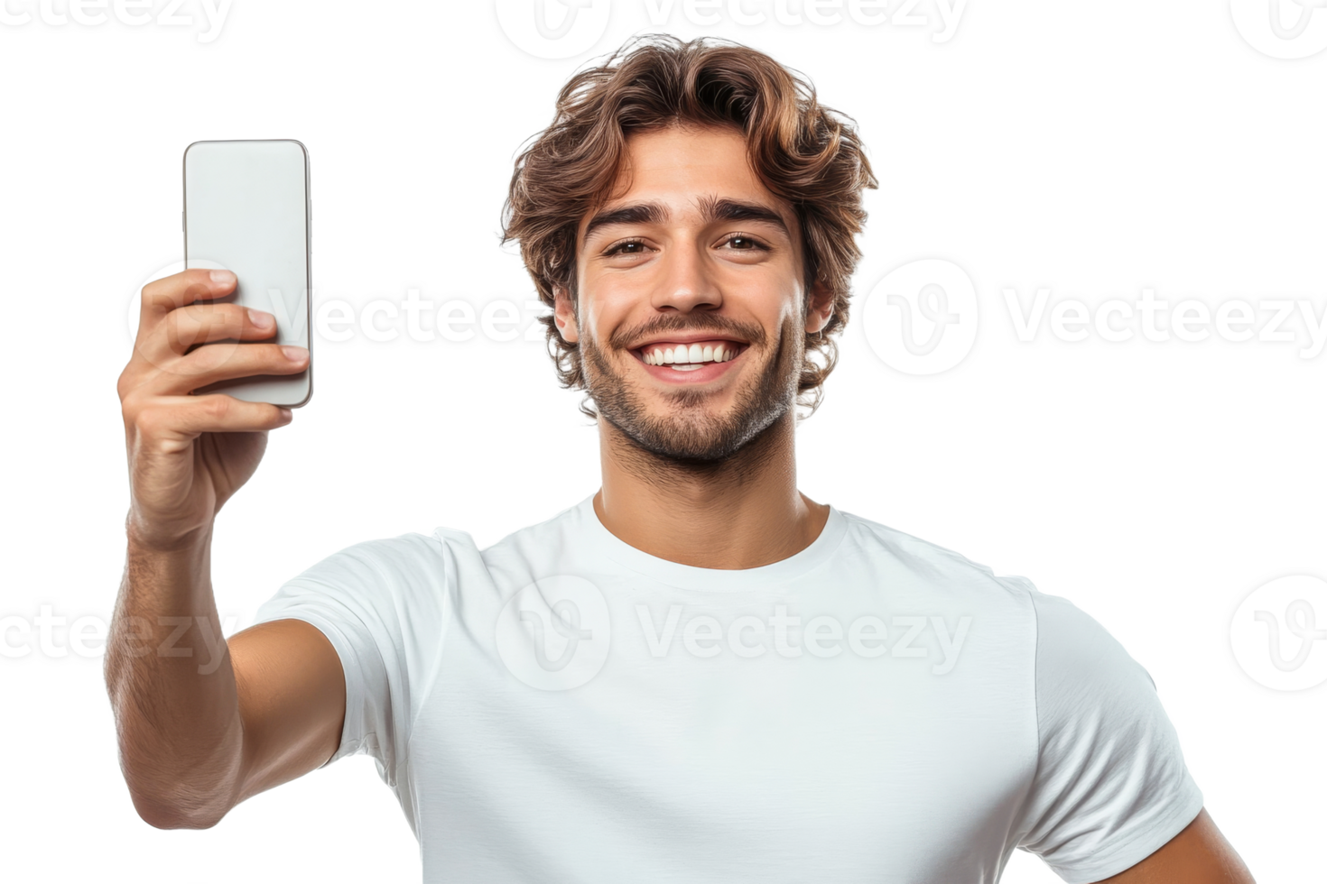 Young man smiling while taking a selfie with phone png