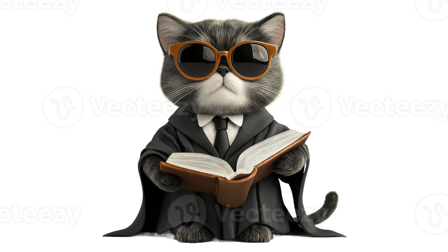 Cat dressed as a scholar reading a book png