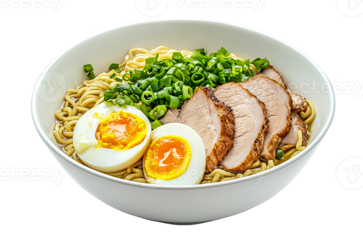 Delicious ramen bowl with soft boiled eggs png