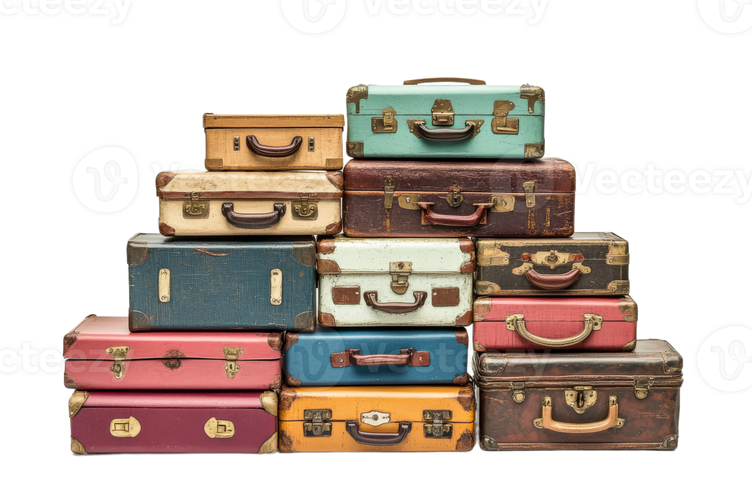 Vintage suitcases stacked in a creative display png
