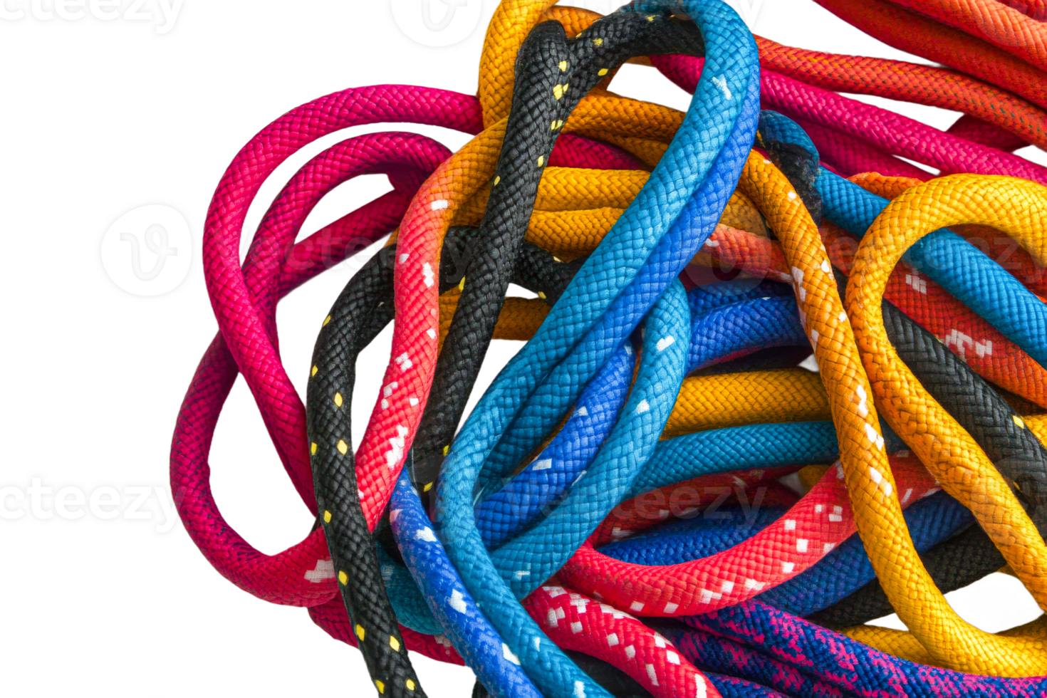 Colorful climbing ropes tangled together png