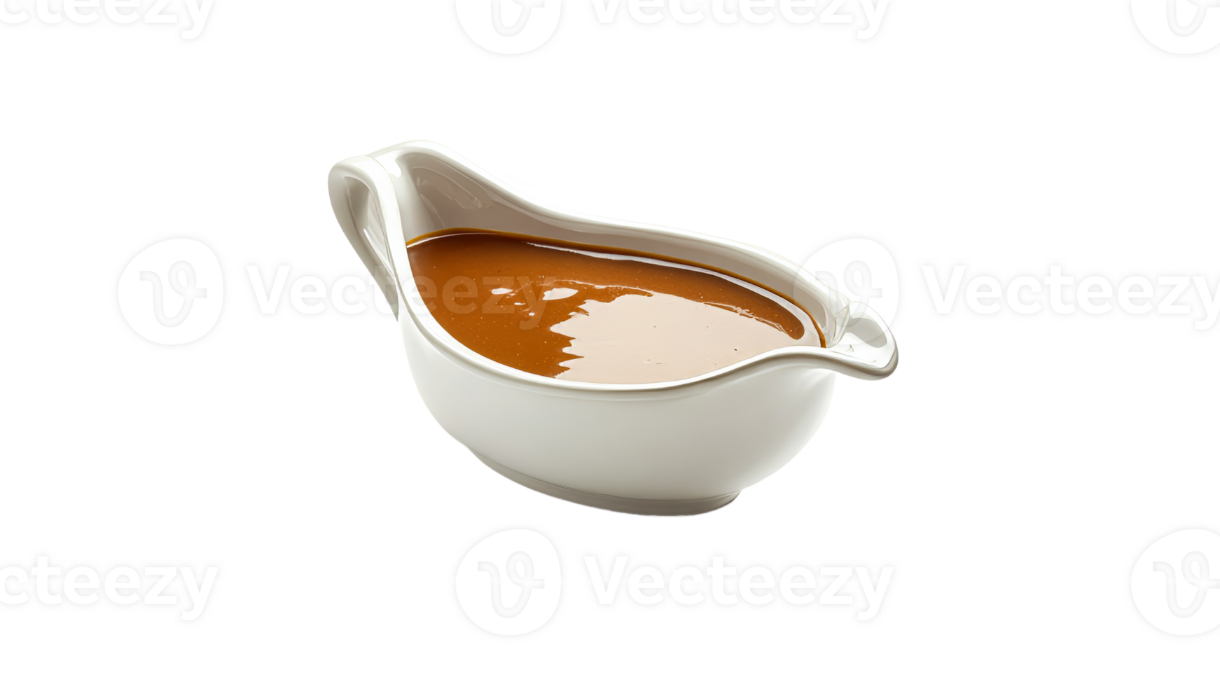 Delicious brown sauce in a white gravy boat png