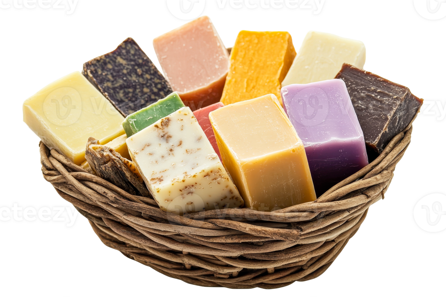 Colorful assorted handmade soaps in a basket png