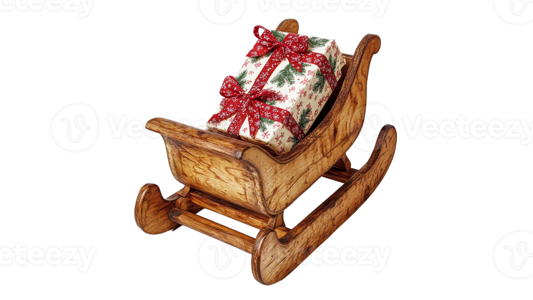 Wooden sleigh with Christmas gift inside png