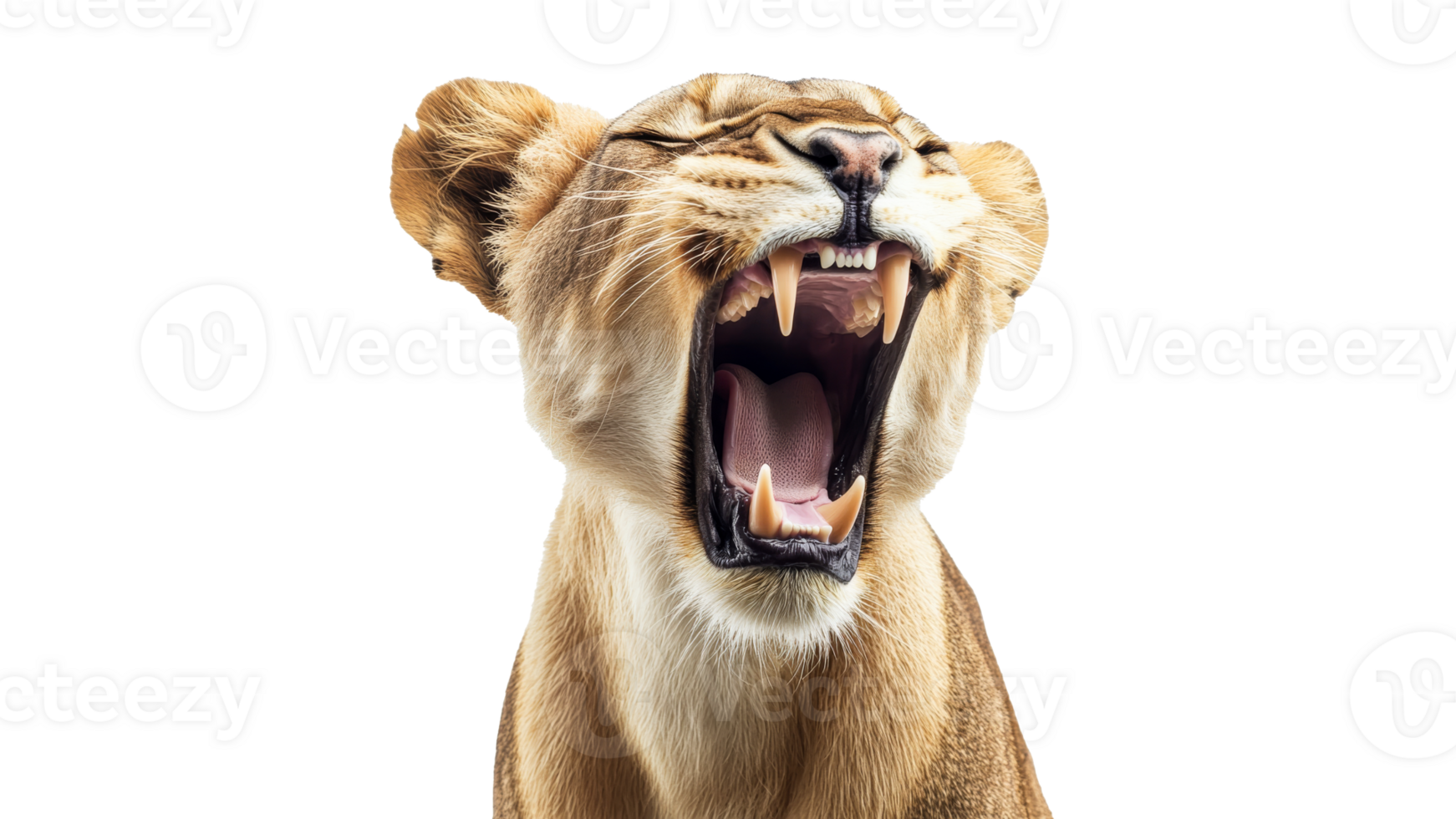 Lioness roars with fierce power in close up view png
