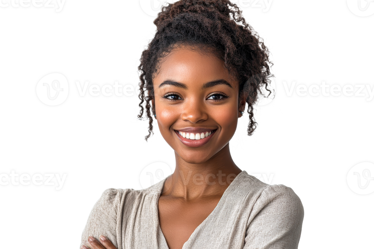 Smiling woman with curly hair poses confidently png
