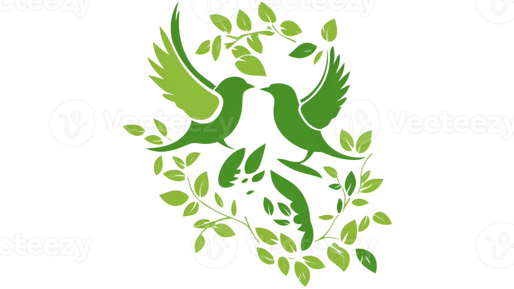 Green birds with wings surrounded by leaves png