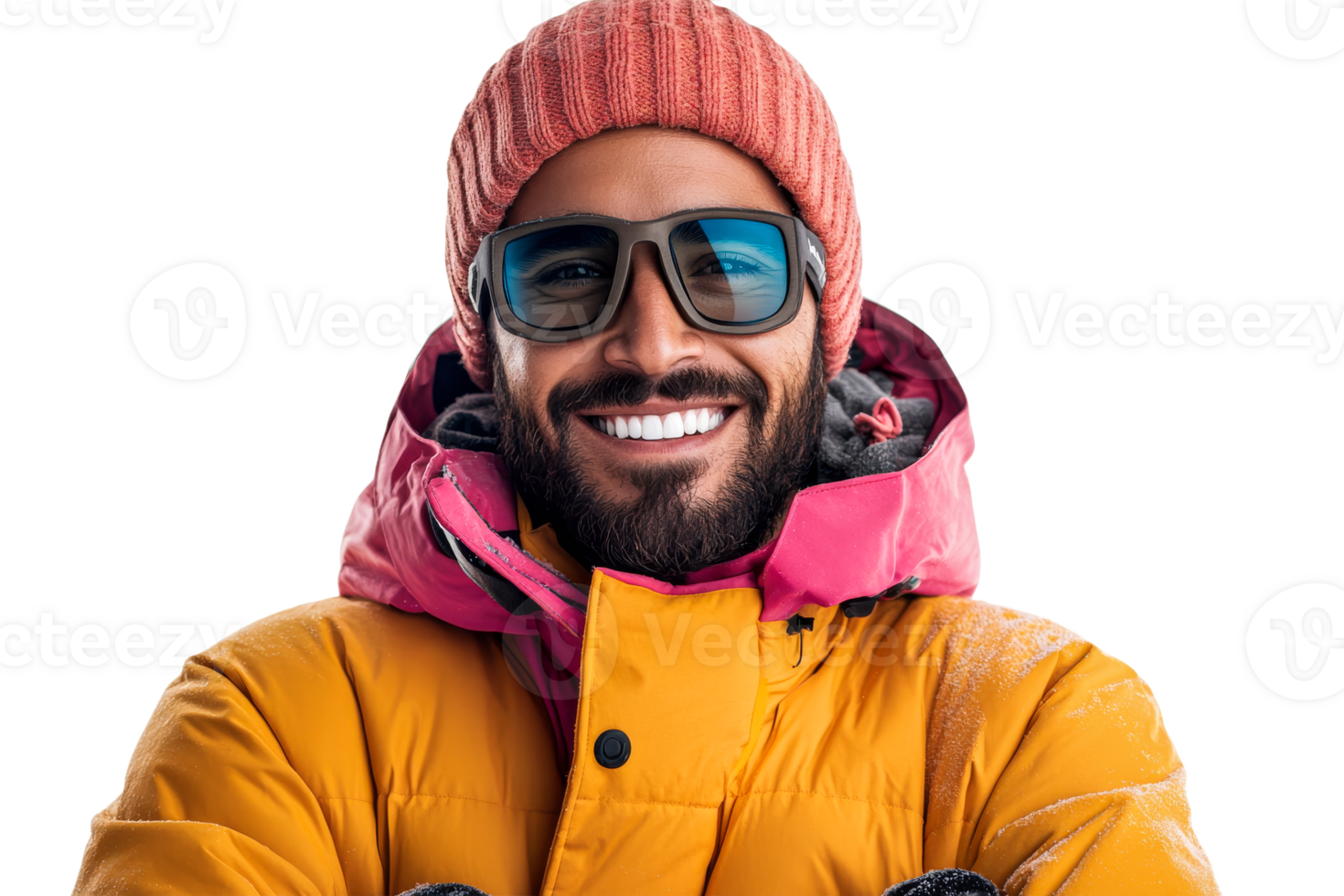 Winter clad man smiles on white backdrop png