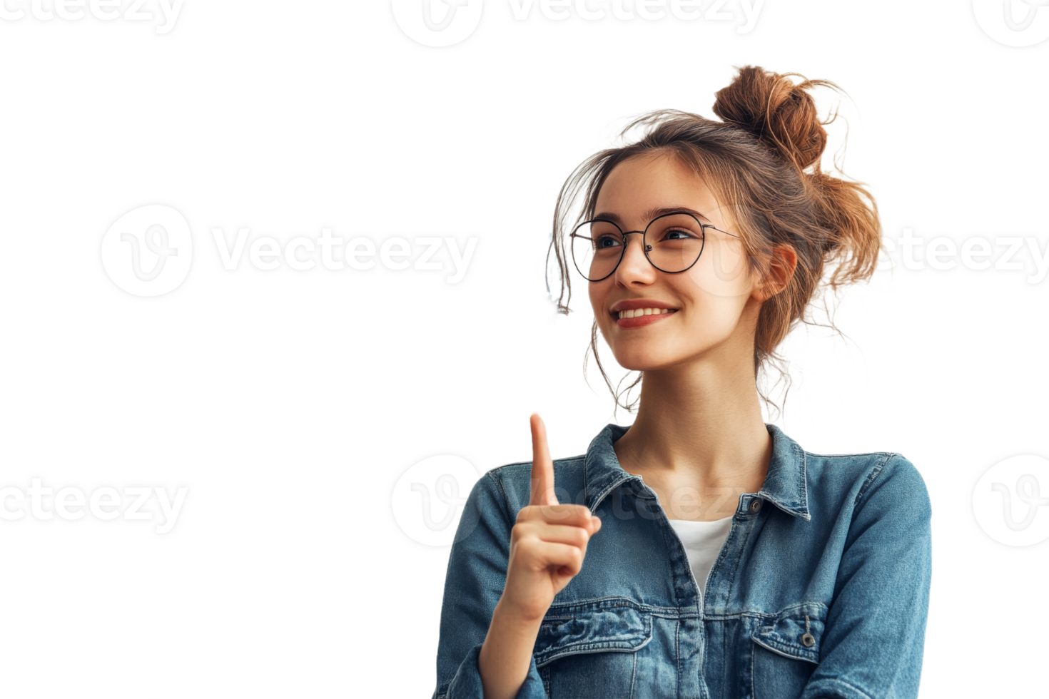 Young woman smiling and thinking of an idea png