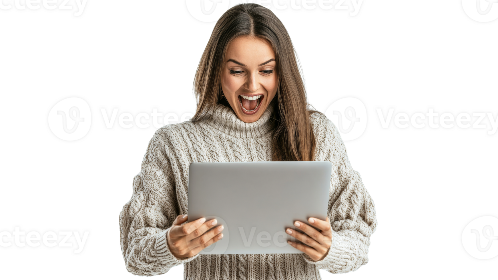 Woman joyfully uses tablet, smiling png