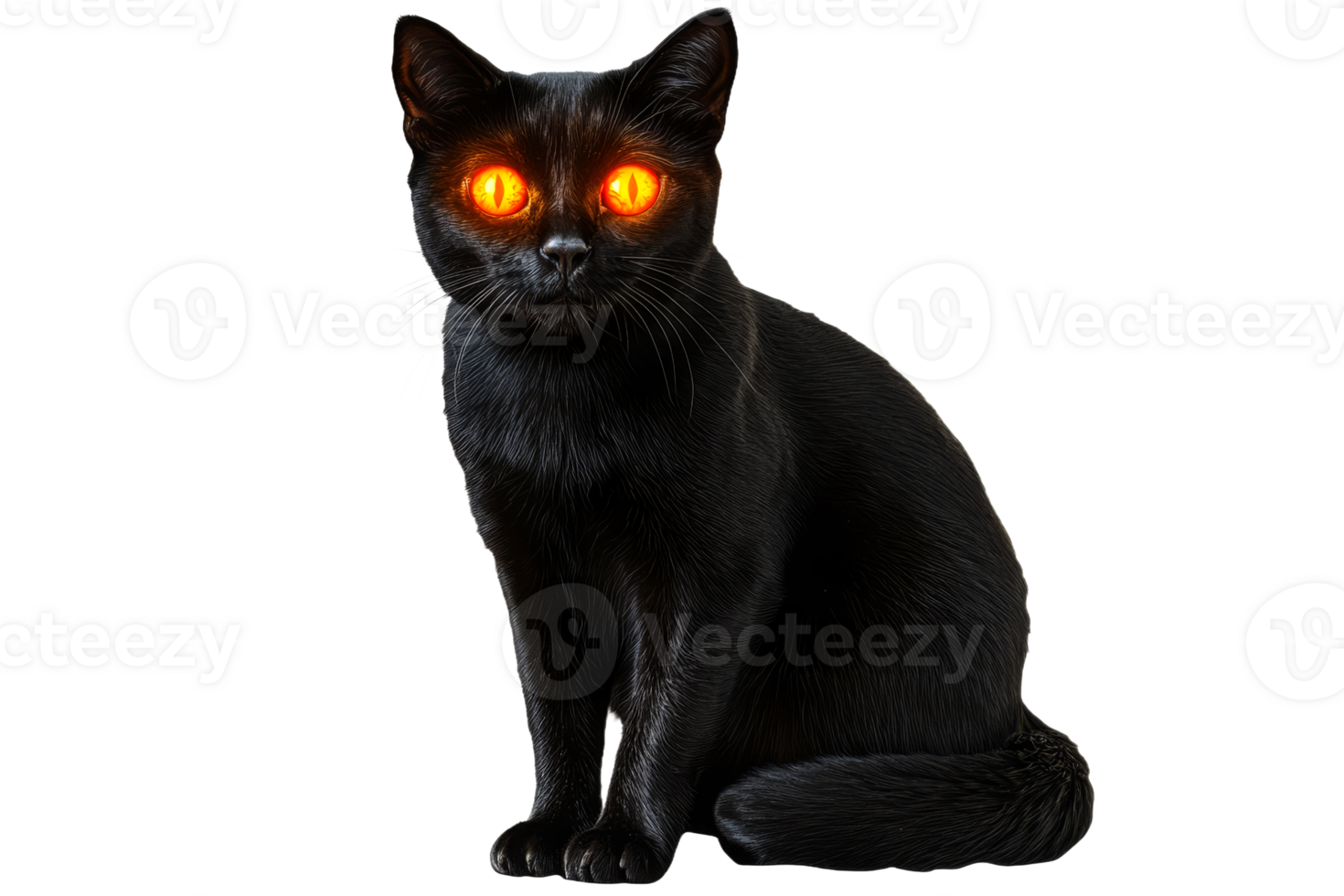 Mysterious black cat with glowing orange eyes png