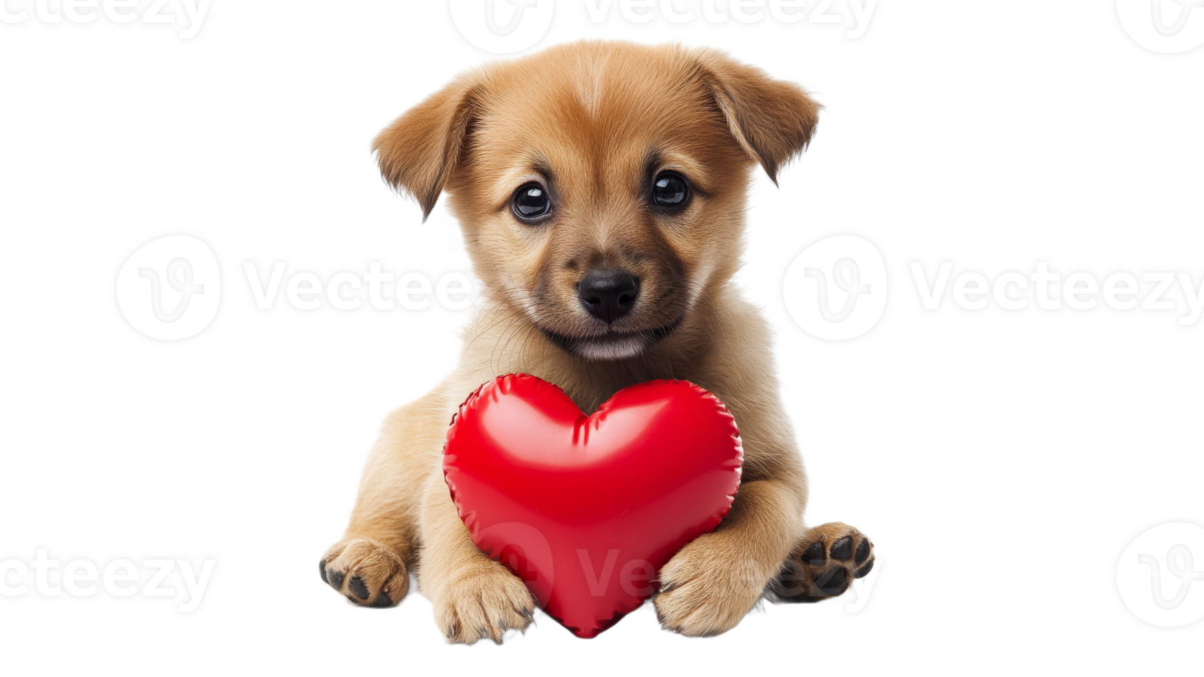 Cute puppy holds red heart toy with loving gaze png