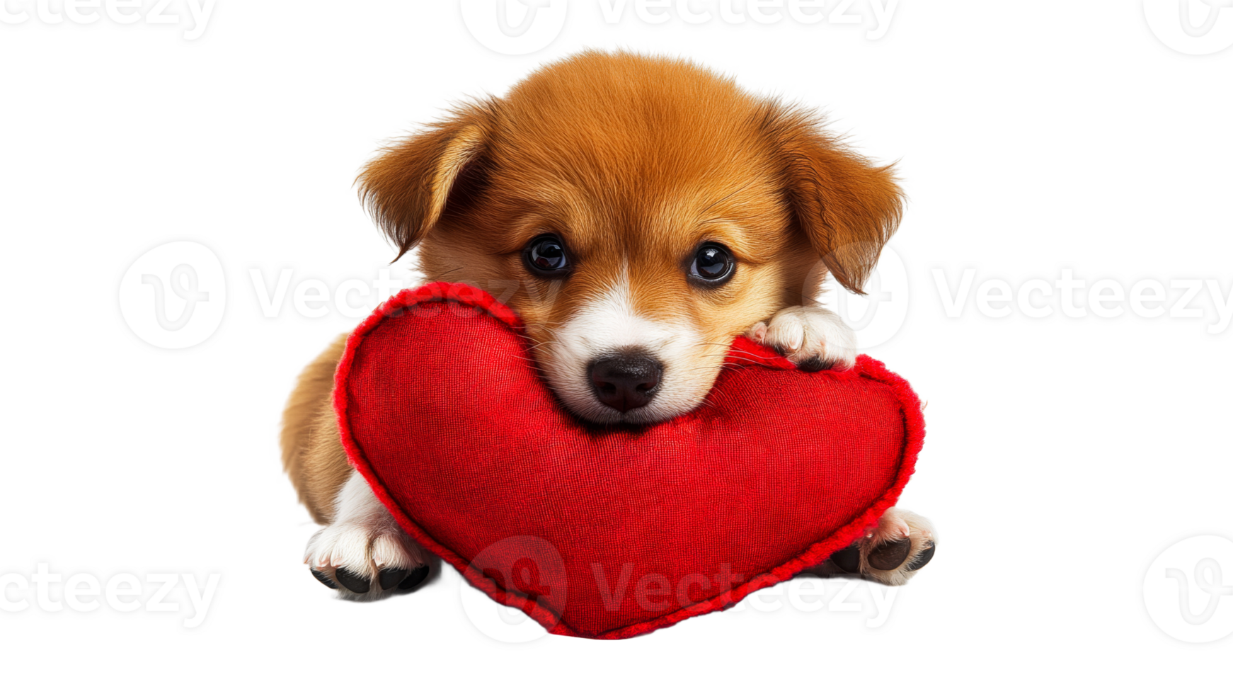 Corgi puppy rests with red heart pillow png