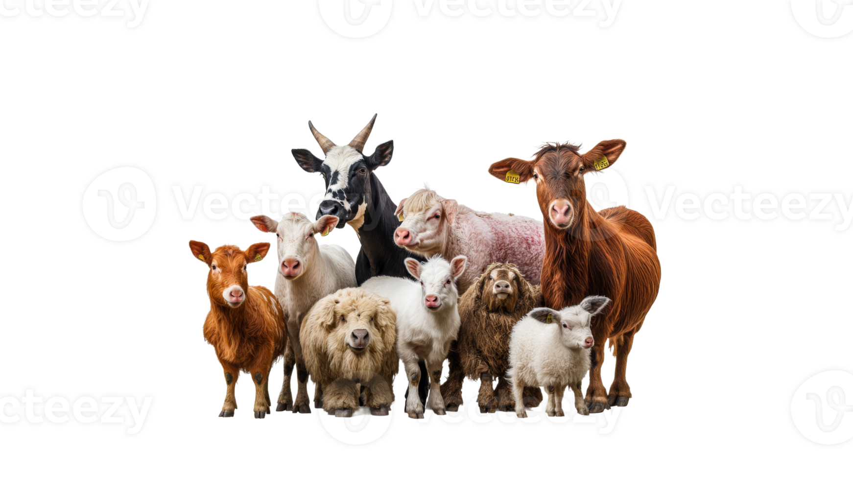 Farm animals gathered together in a group setting png