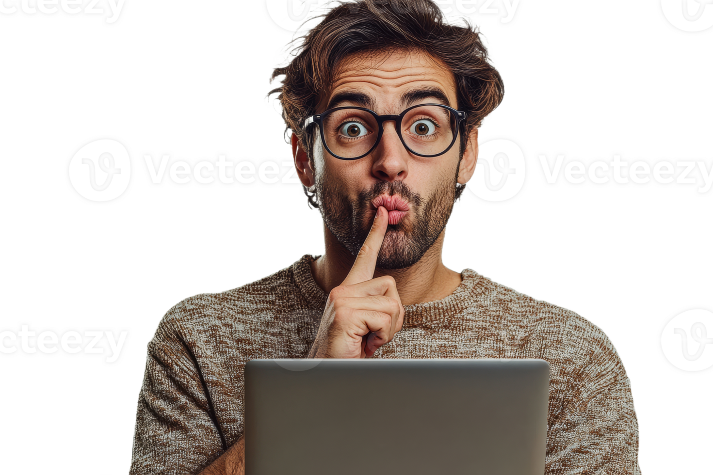 Man making a hush gesture while using a laptop png