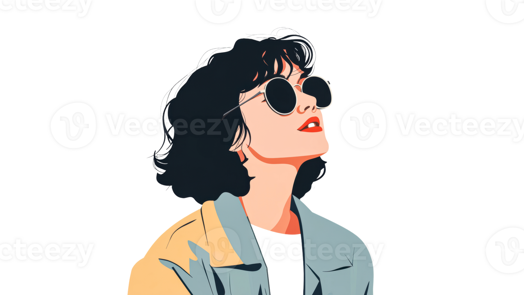 Woman in sunglasses looks up artistically png