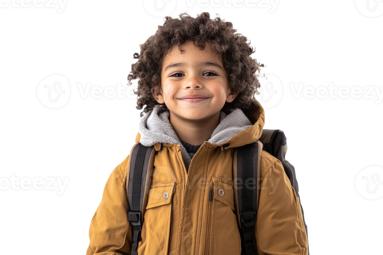 Young child with curly hair smiles happily indoors png