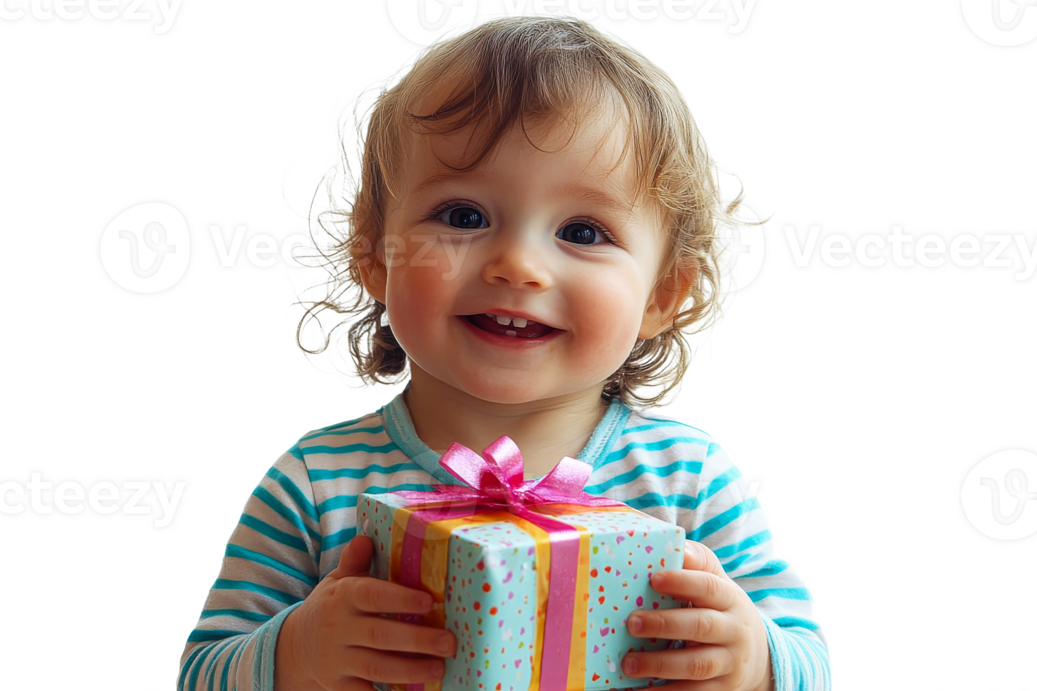 Child joyfully holding a colorful gift box png