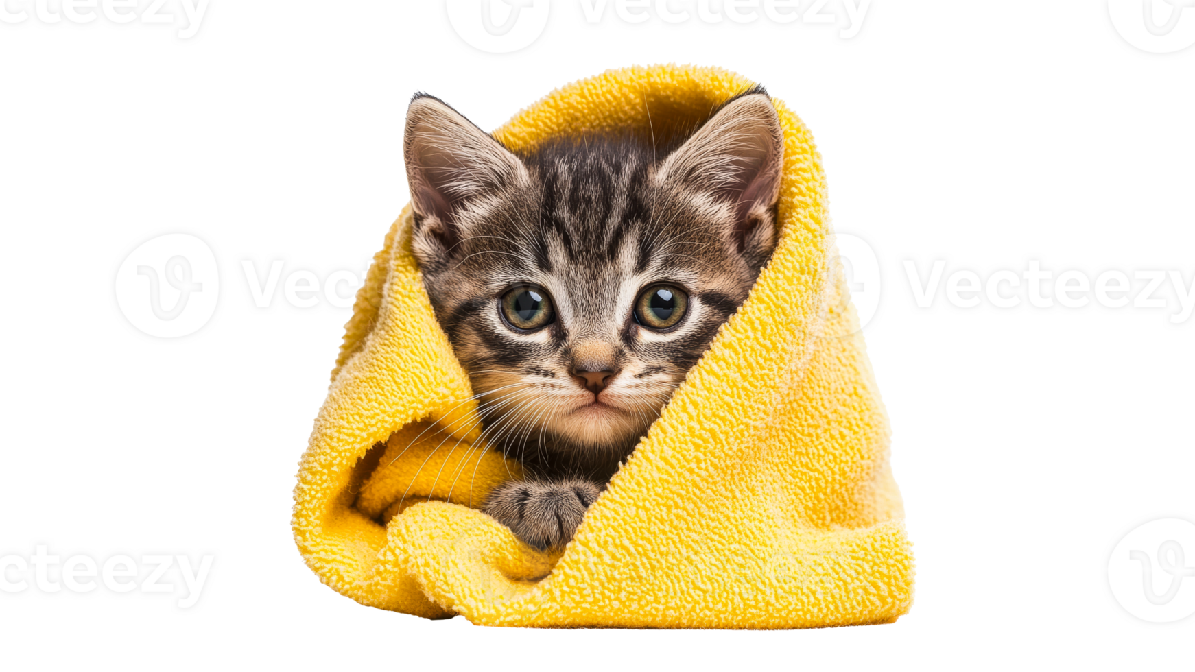 Cute kitten wrapped in a yellow towel at home png