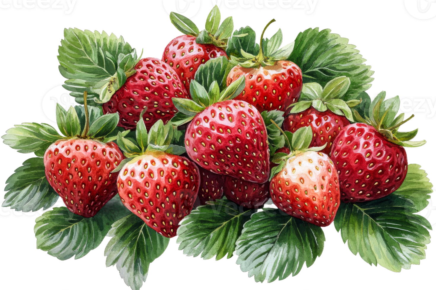 Fresh strawberries arranged on green leaves png