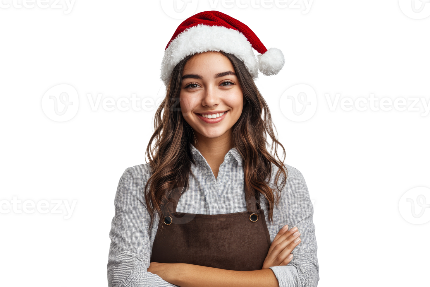 Smiling woman in festive hat with apron indoors png